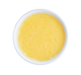 Bowl of Ghee butter isolated on white, top view