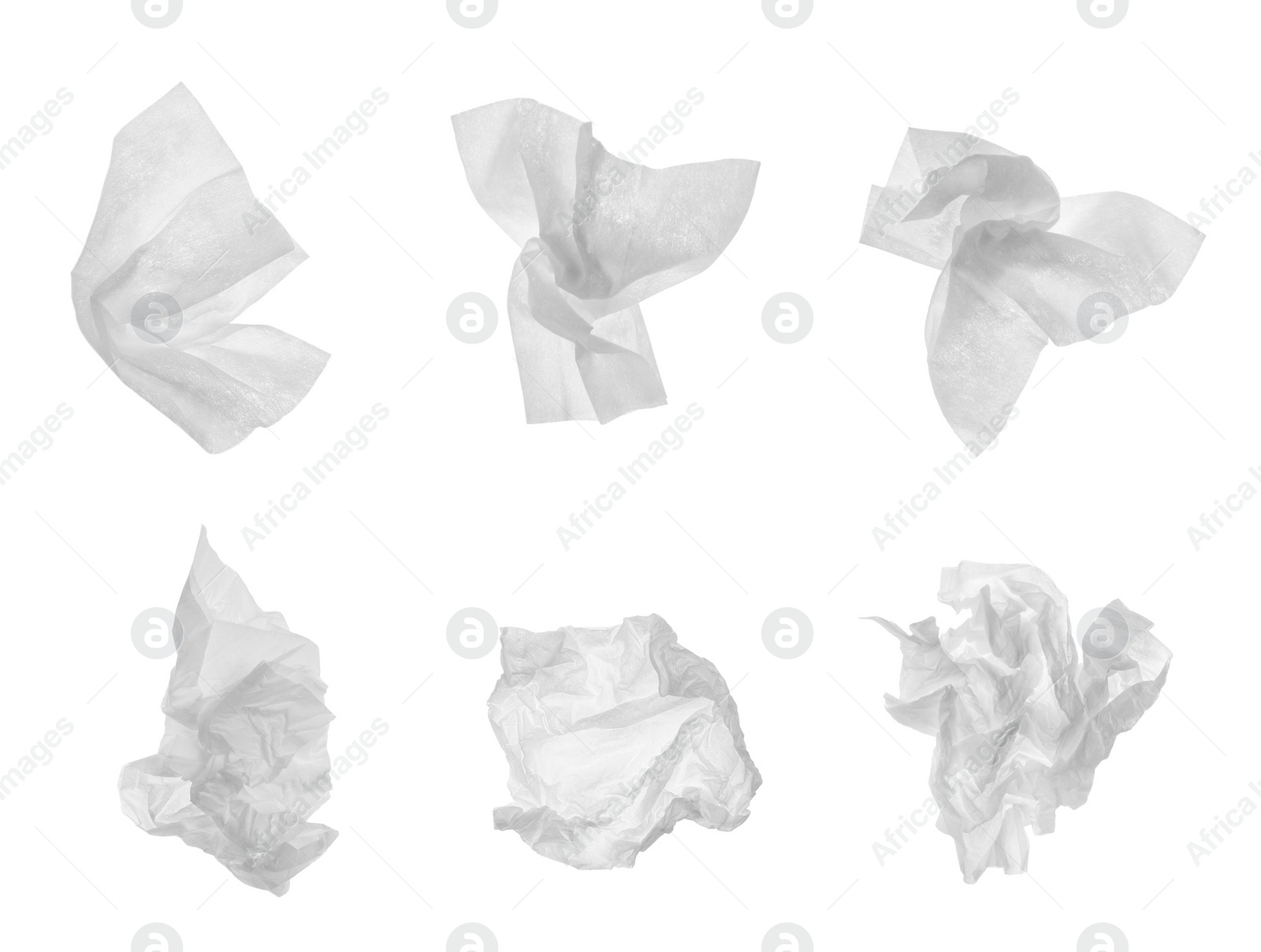 Image of Set with used crumpled paper tissues on white background