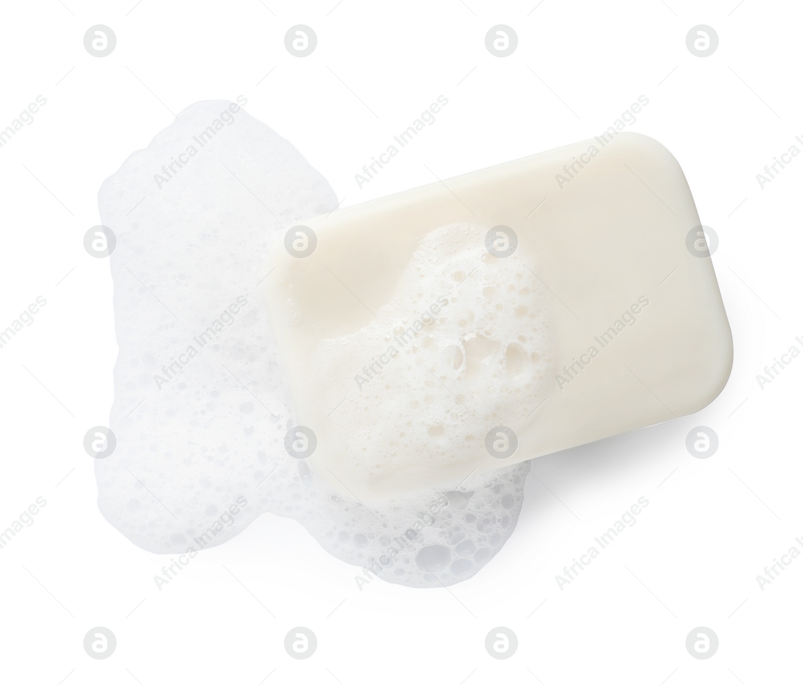 Photo of Soap with fluffy foam isolated on white, top view