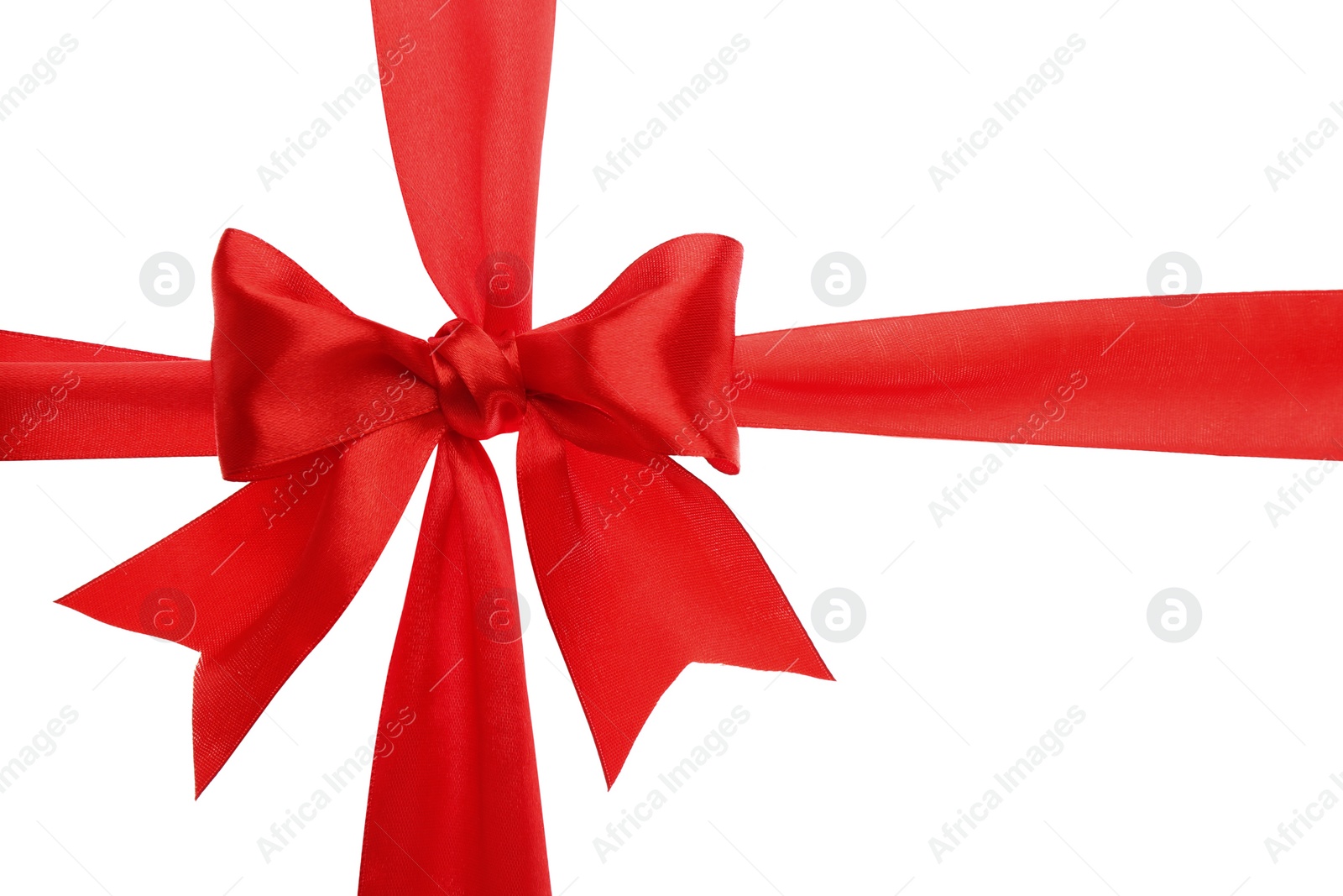 Photo of Red ribbon with bow on white background. Decoration for gift box