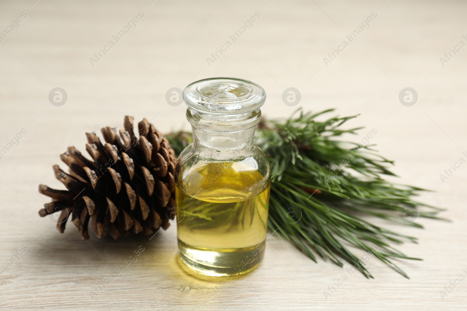 Photo of Pine essential oil, cone and branches on light wooden table, closeup