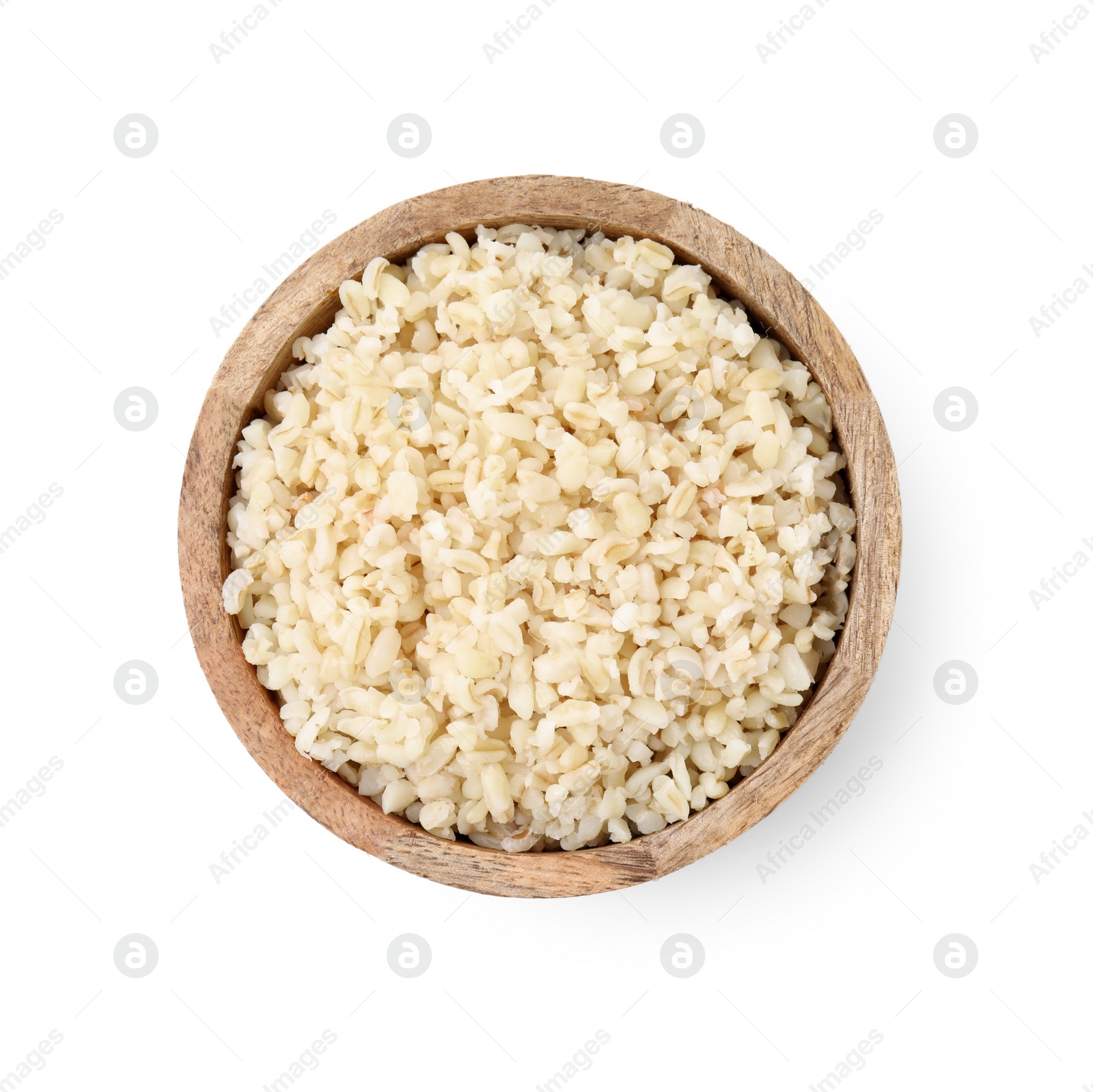 Photo of Cooked bulgur in bowl isolated on white, top view