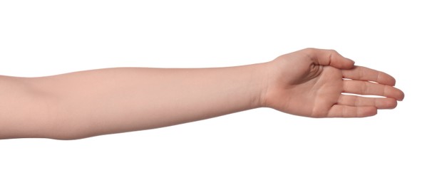 Photo of Woman showing hand on white background, closeup