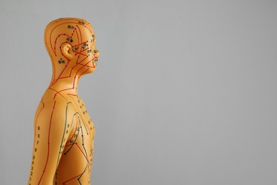 Acupuncture model. Mannequin with dots and lines on grey background, space for text