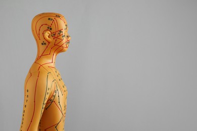 Photo of Acupuncture model. Mannequin with dots and lines on grey background, space for text