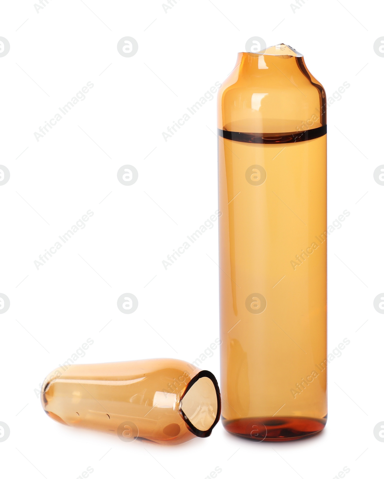 Photo of Open glass ampoule with pharmaceutical product on white background