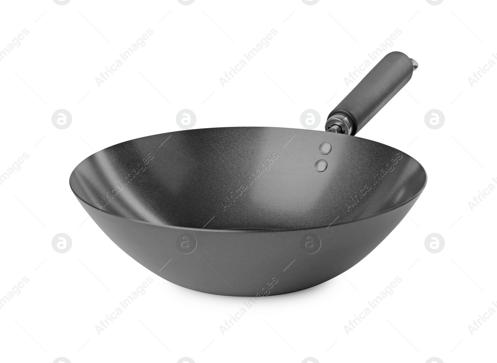 Photo of One empty metal wok isolated on white