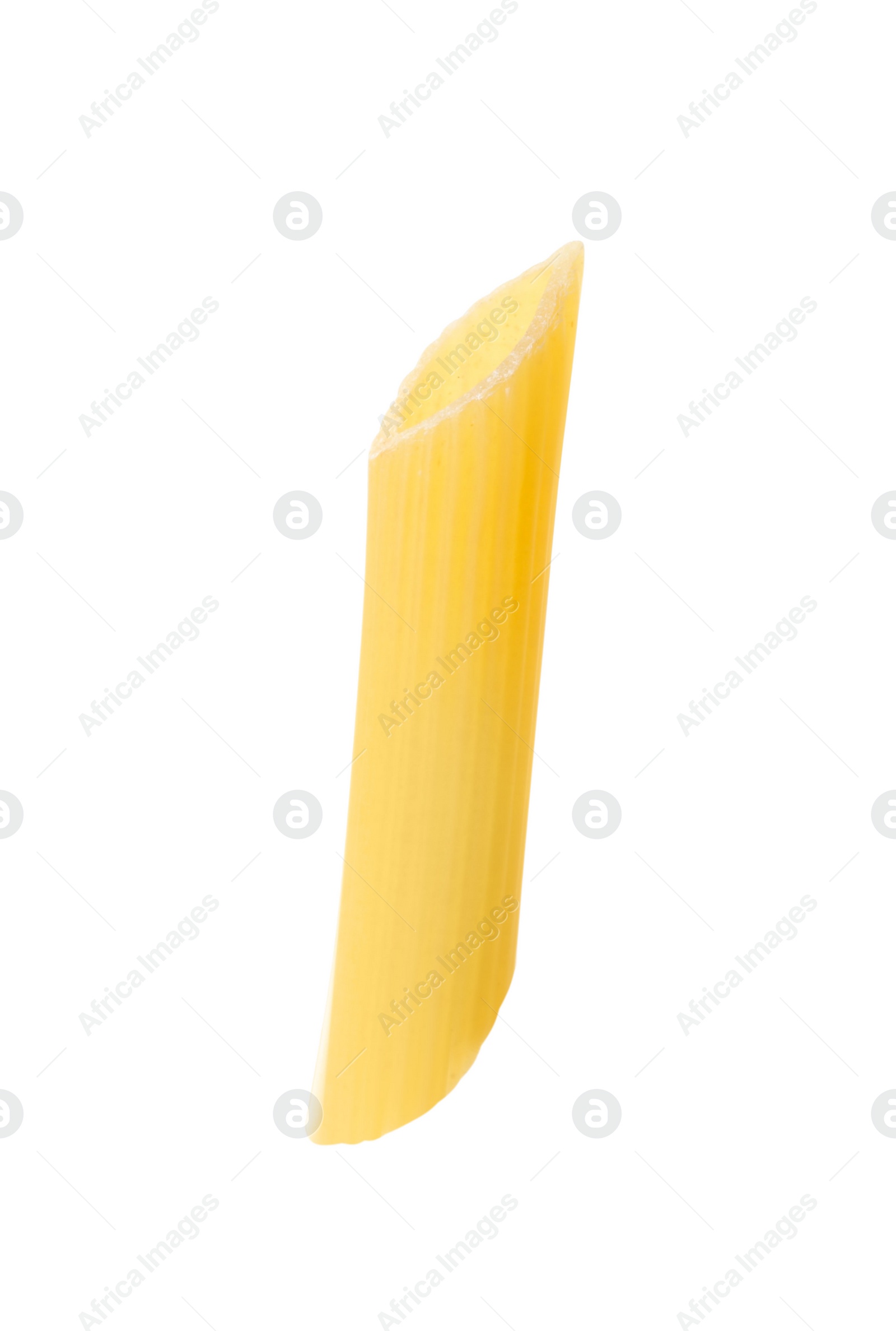 Photo of One piece of raw penne pasta isolated on white