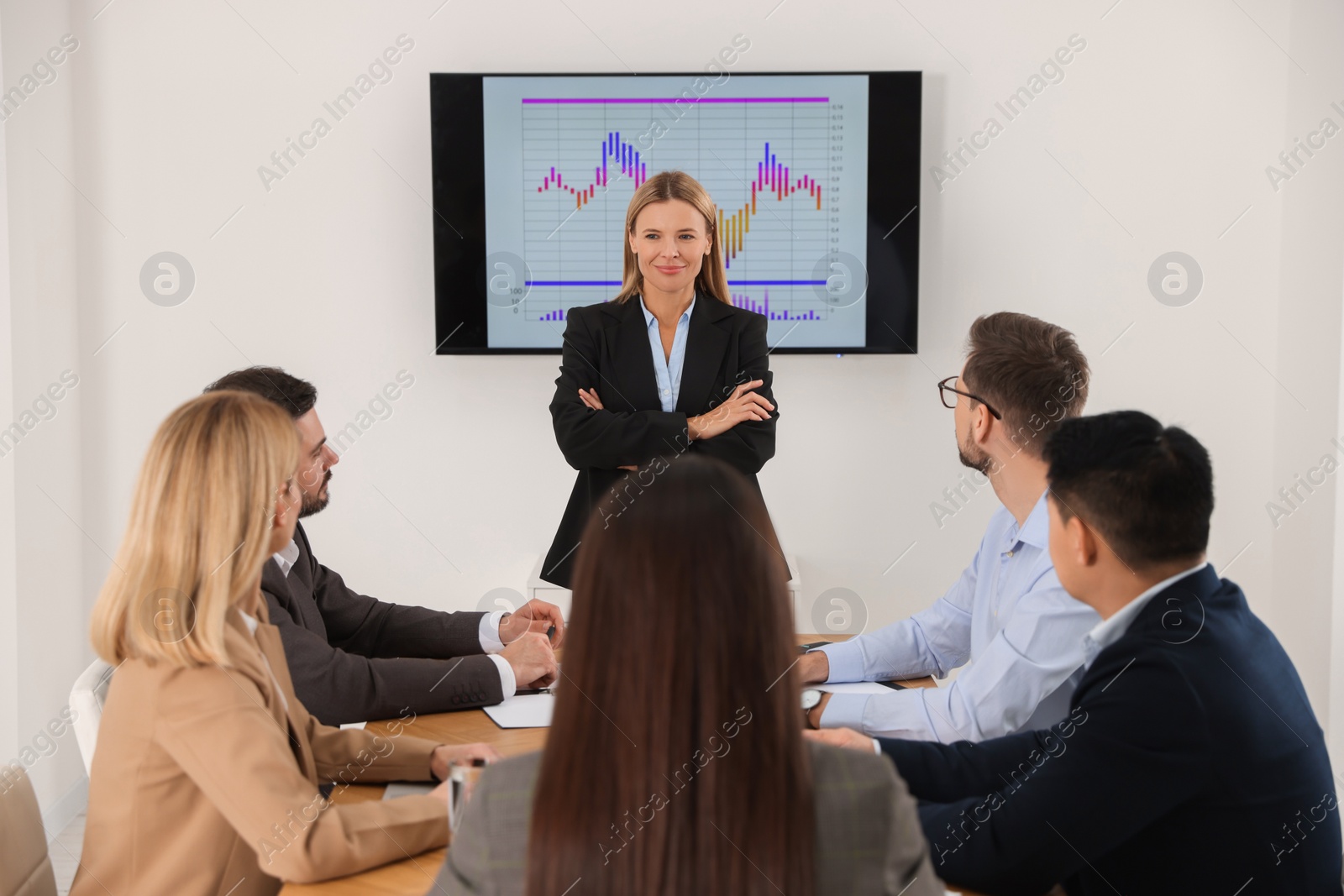 Photo of Businesswoman having meeting with her employees in office