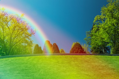 Image of Picturesque view of green meadow and beautiful rainbow in blue sky on sunny day