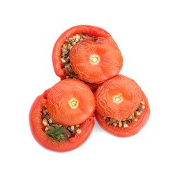 Photo of Delicious stuffed tomatoes on white background, top view