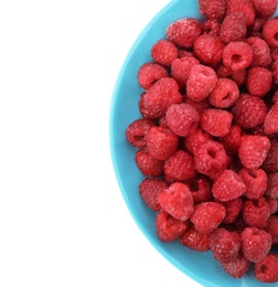 Plate with ripe raspberries on white background, top view