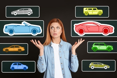Image of Car buying. Woman choosing auto on dark background