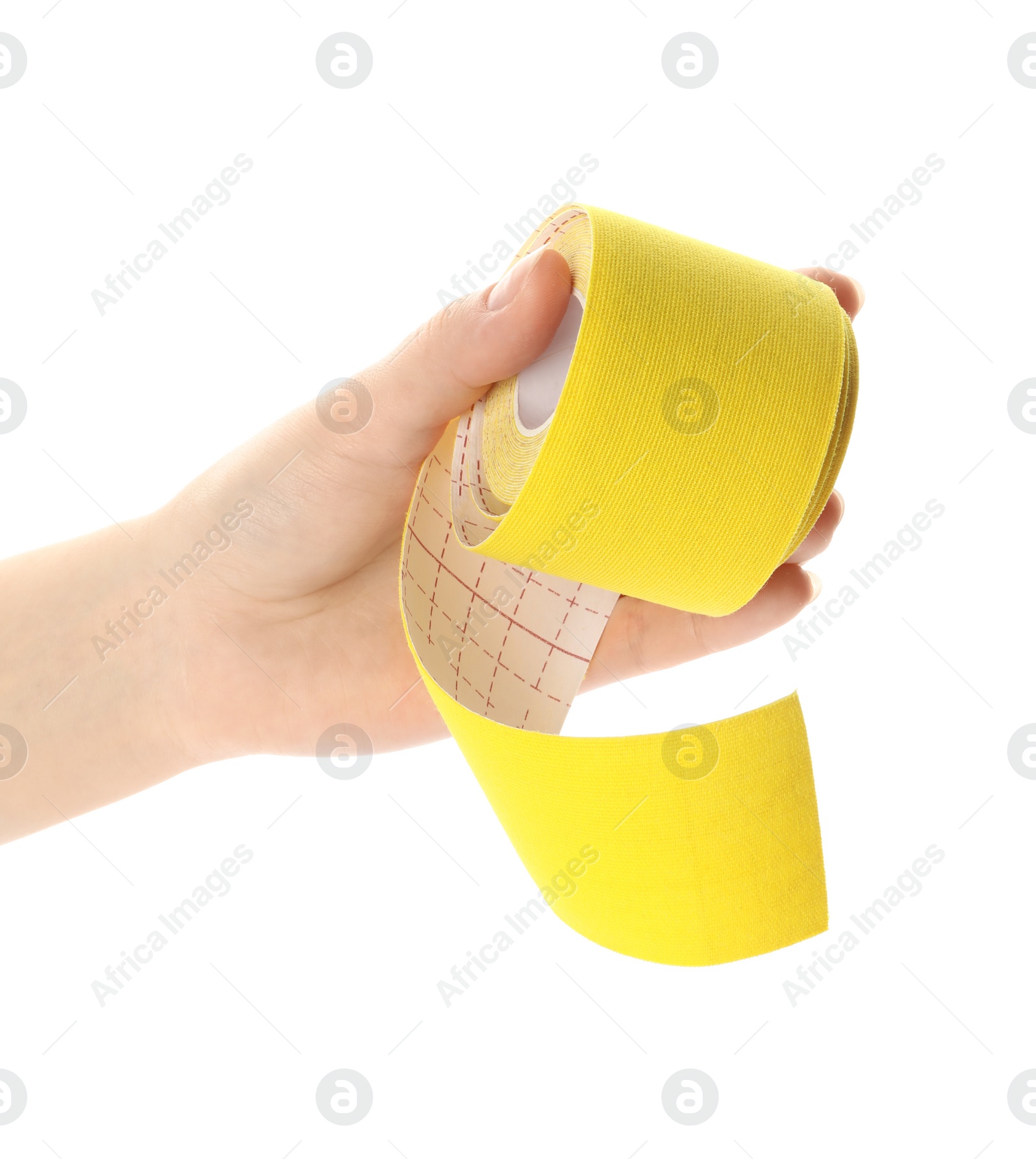 Photo of Woman with bright kinesio tape in roll on white background, closeup