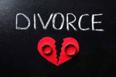 Photo of Word Divorce, broken red paper heart and wedding rings on blackboard, top view
