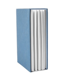 Photo of Book with blank blue cover on white background