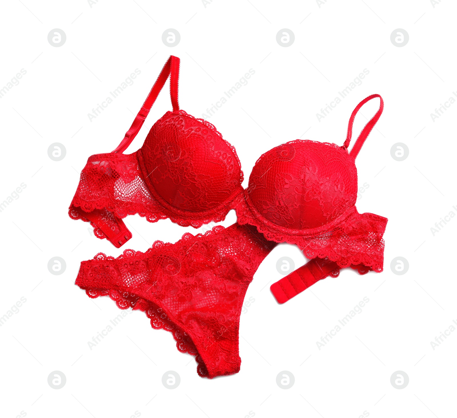 Photo of Elegant red women's underwear isolated on white, top view