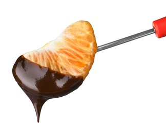 Photo of Segment of mandarin with chocolate on fondue fork against white background