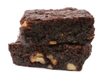 Delicious brownies with nuts on white background