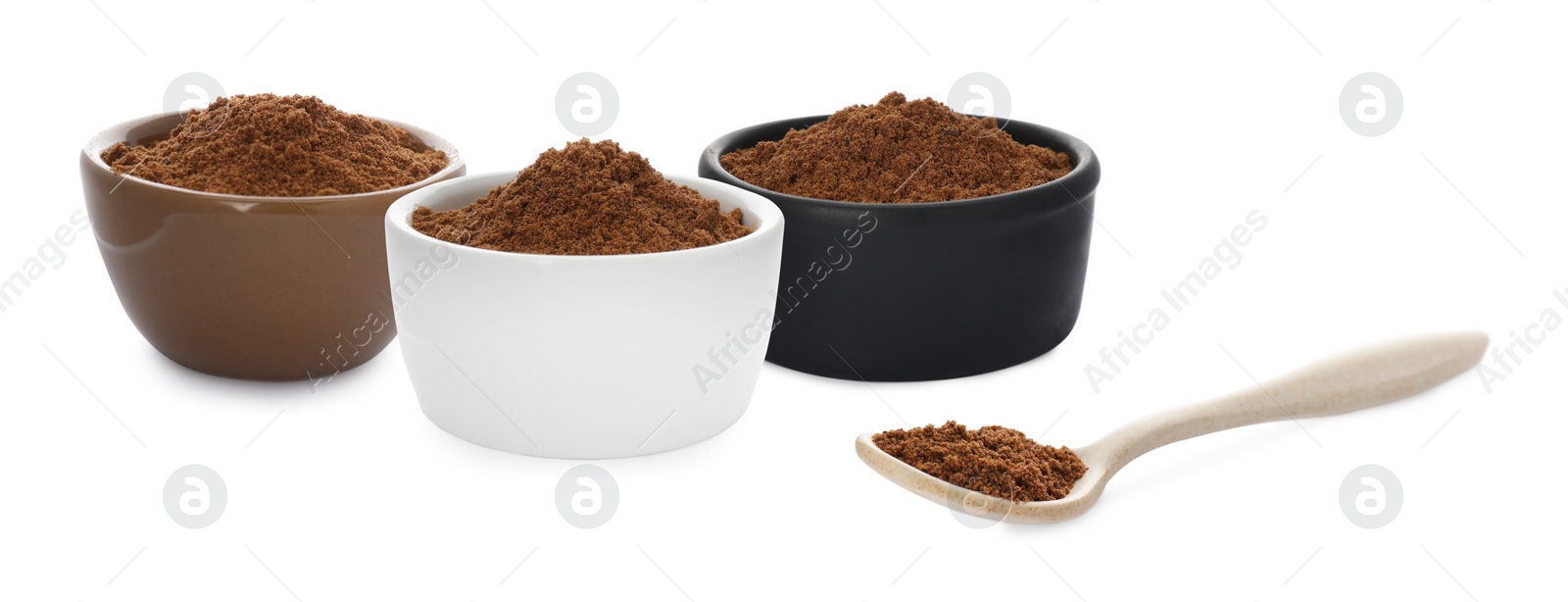 Image of Nutmeg powder on white background, collage. Banner design