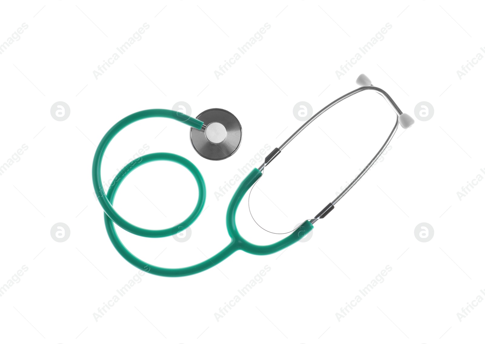 Photo of Stethoscope on white background, top view. Medical device