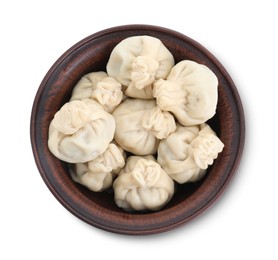 Photo of Tasty khinkali (dumplings) in bowl isolated on white, top view. Georgian cuisine