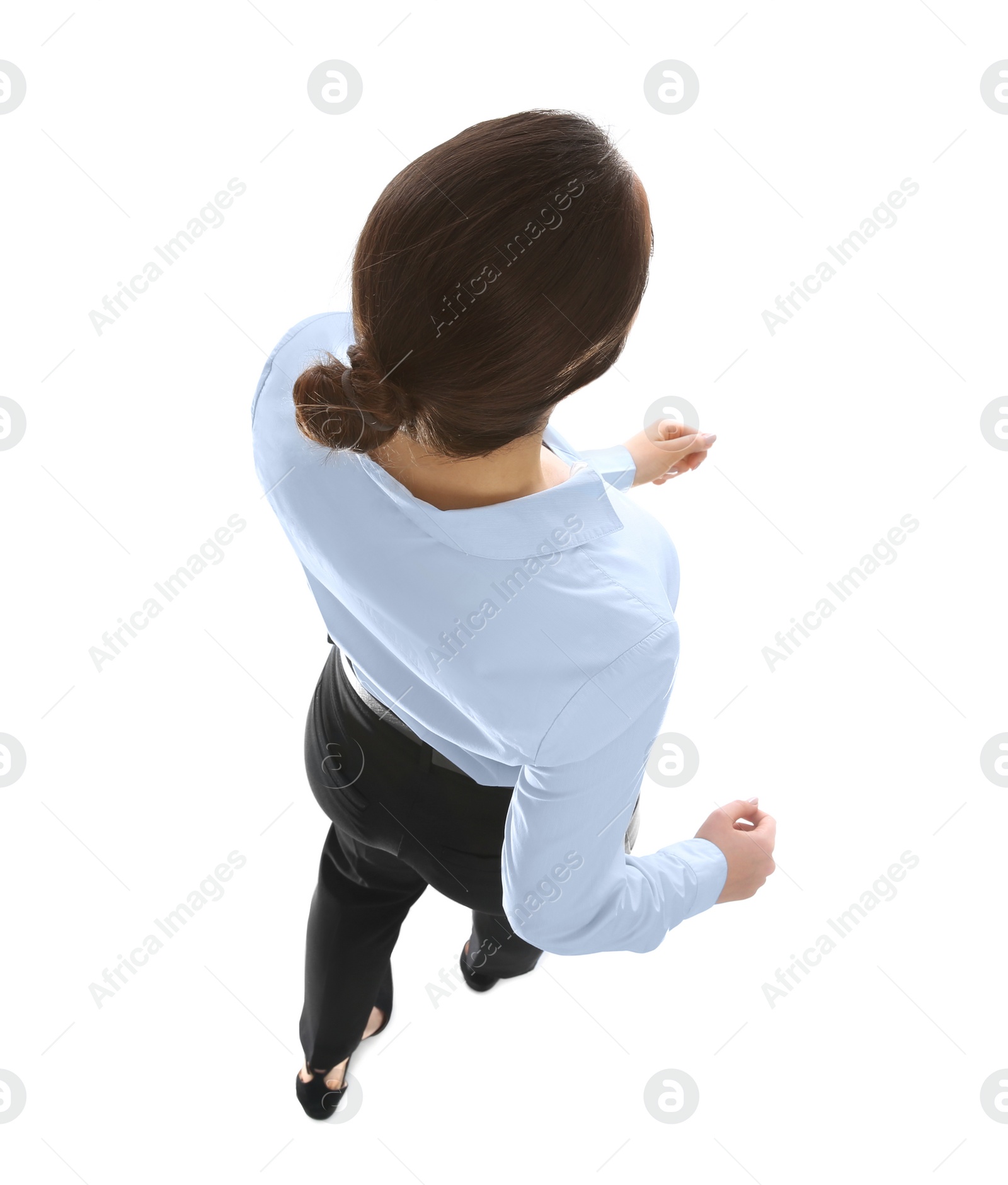 Photo of Young businesswoman in elegant suit on white background, back view