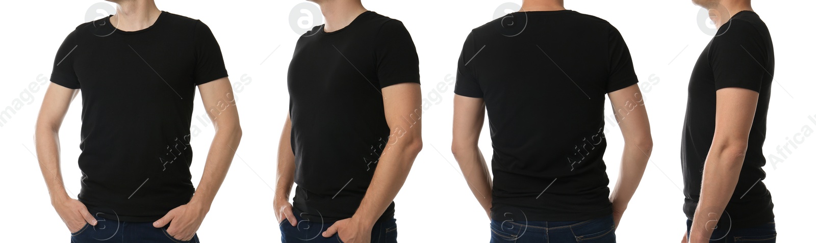 Image of Collage with photos of man in black t-shirt on white background, closeup. Banner design 