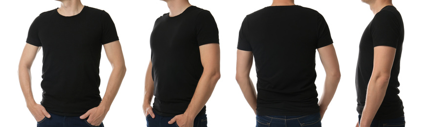 Collage with photos of man in black t-shirt on white background, closeup. Banner design 