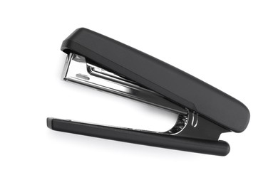 Photo of One black stapler isolated on white, top view