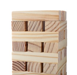 Jenga tower made of wooden blocks on white background
