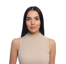 Photo of Portrait of beautiful young woman on white background