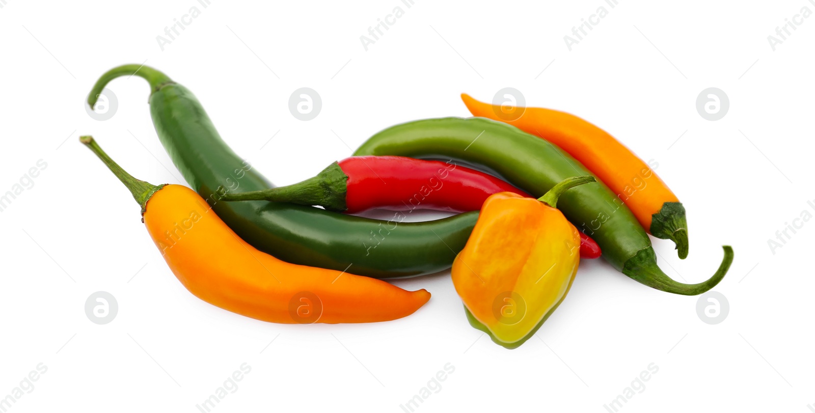 Photo of Different hot chili peppers isolated on white