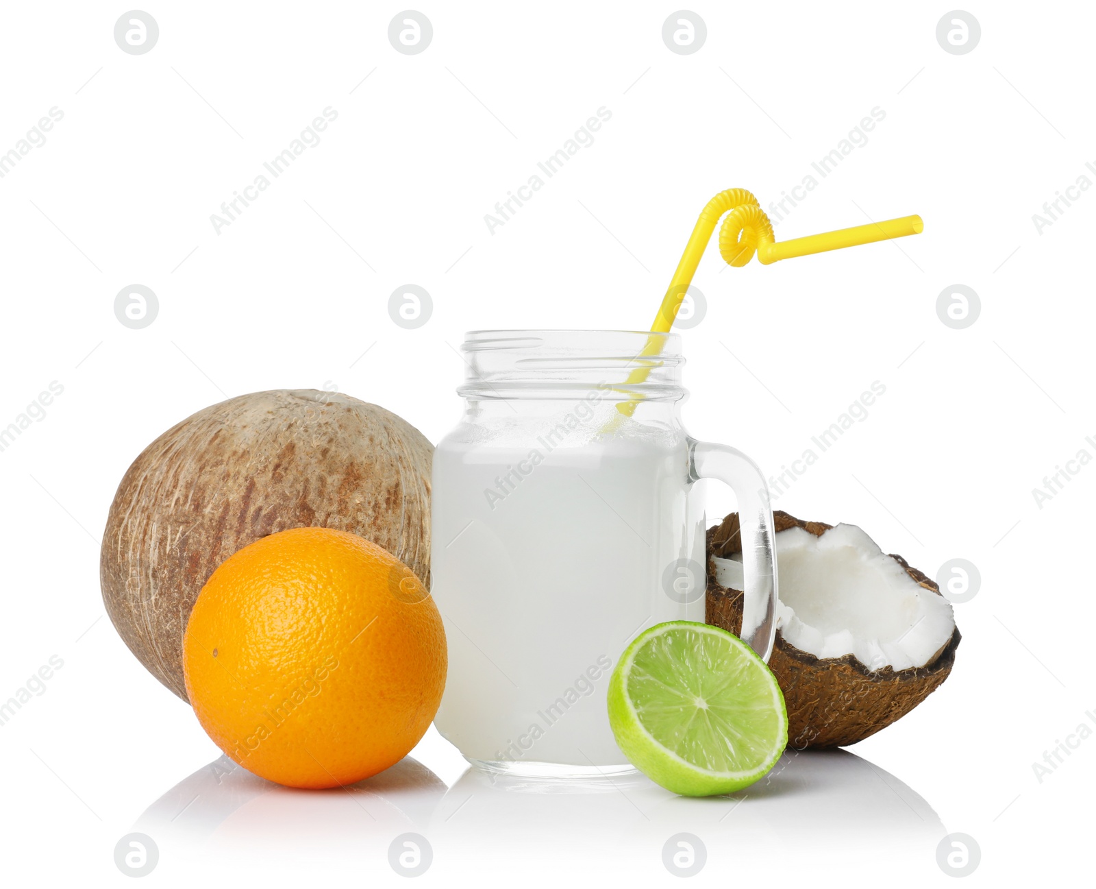 Photo of Composition of coconut milk and tropical fruits on white background