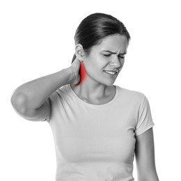 Woman suffering from rheumatism on white background. Black and white effect with red accent in painful area