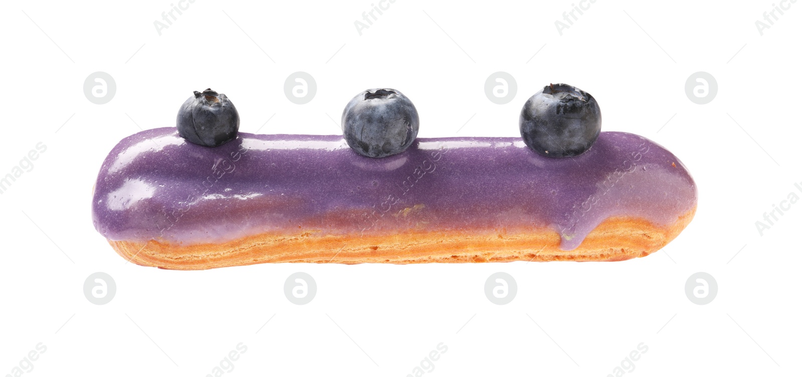 Photo of Delicious eclair decorated with blueberries isolated on white