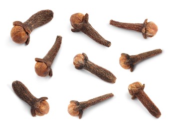 Set with aromatic dried cloves on white background 