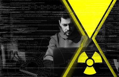 Image of Nuclear deterrence. Hacker using computer in darkness, source code and illustration of hourglass with warning radiation symbol