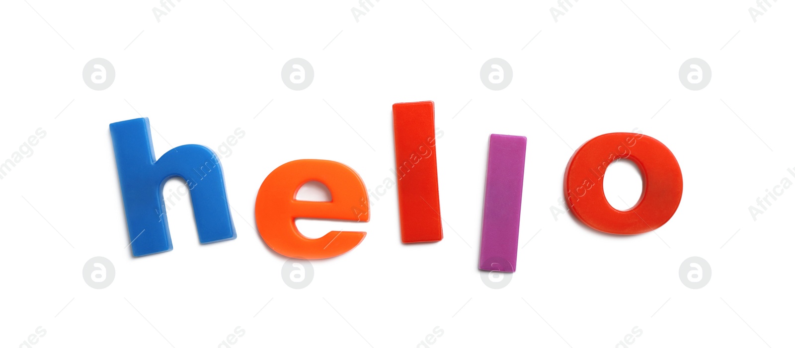 Photo of Word HELLO of magnetic letters on white background, top view