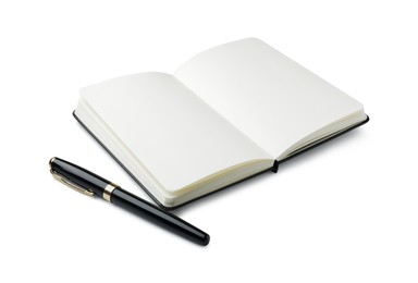Photo of Open notebook with blank pages and pen isolated on white