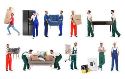 Collage with photos of workers carrying furniture and appliances on white background Moving service