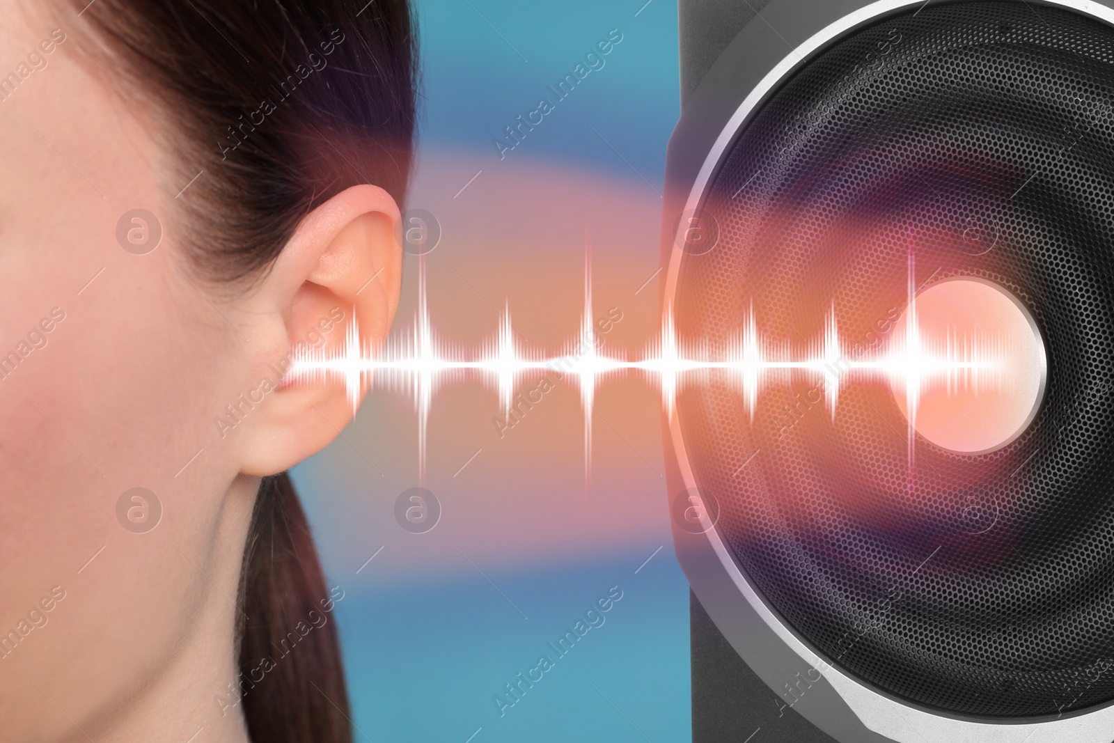 Image of Modern audio speaker and woman listening to music on light blue background, closeup view of ear