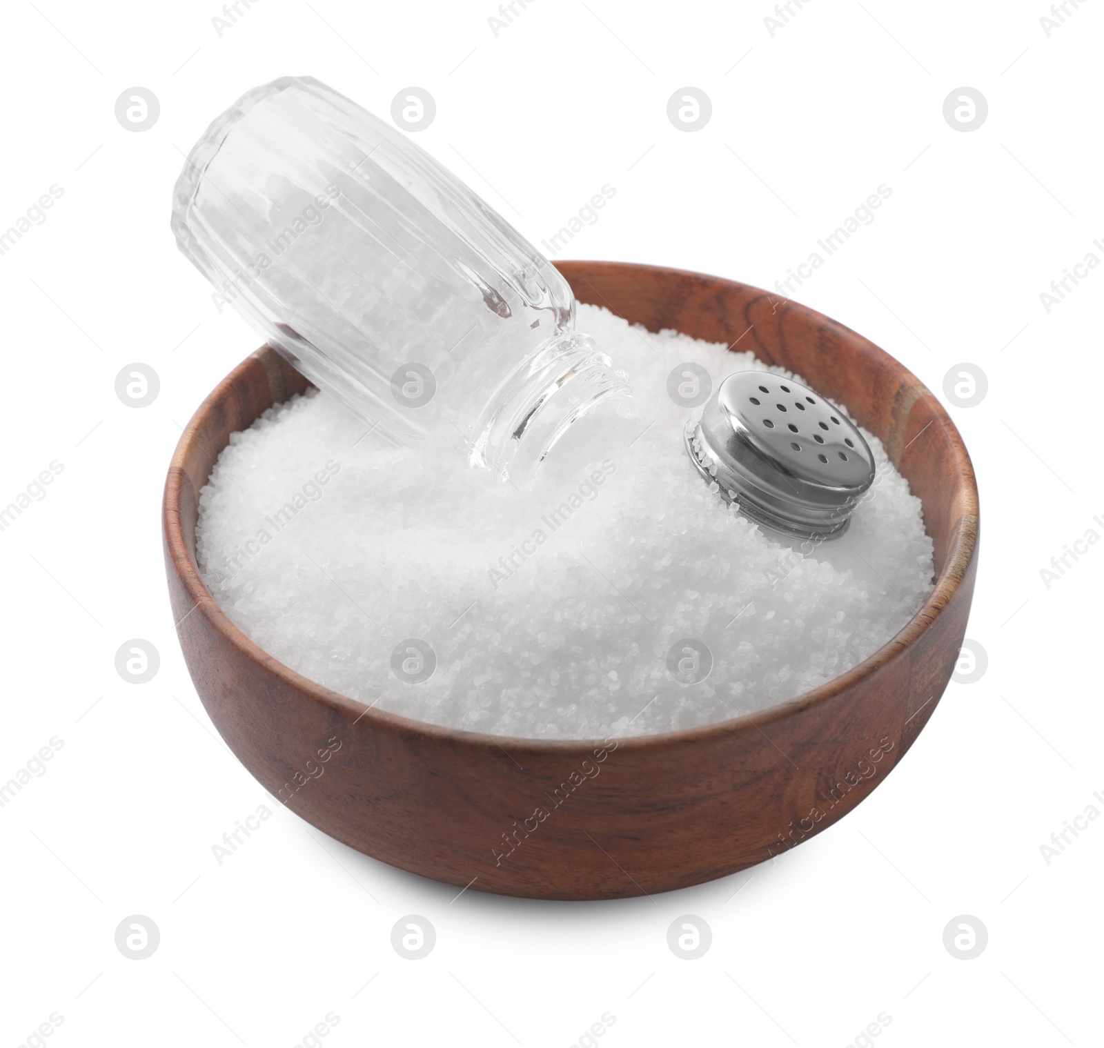 Photo of Natural salt and shaker in bowl isolated on white