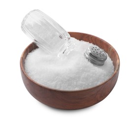 Photo of Natural salt and shaker in bowl isolated on white