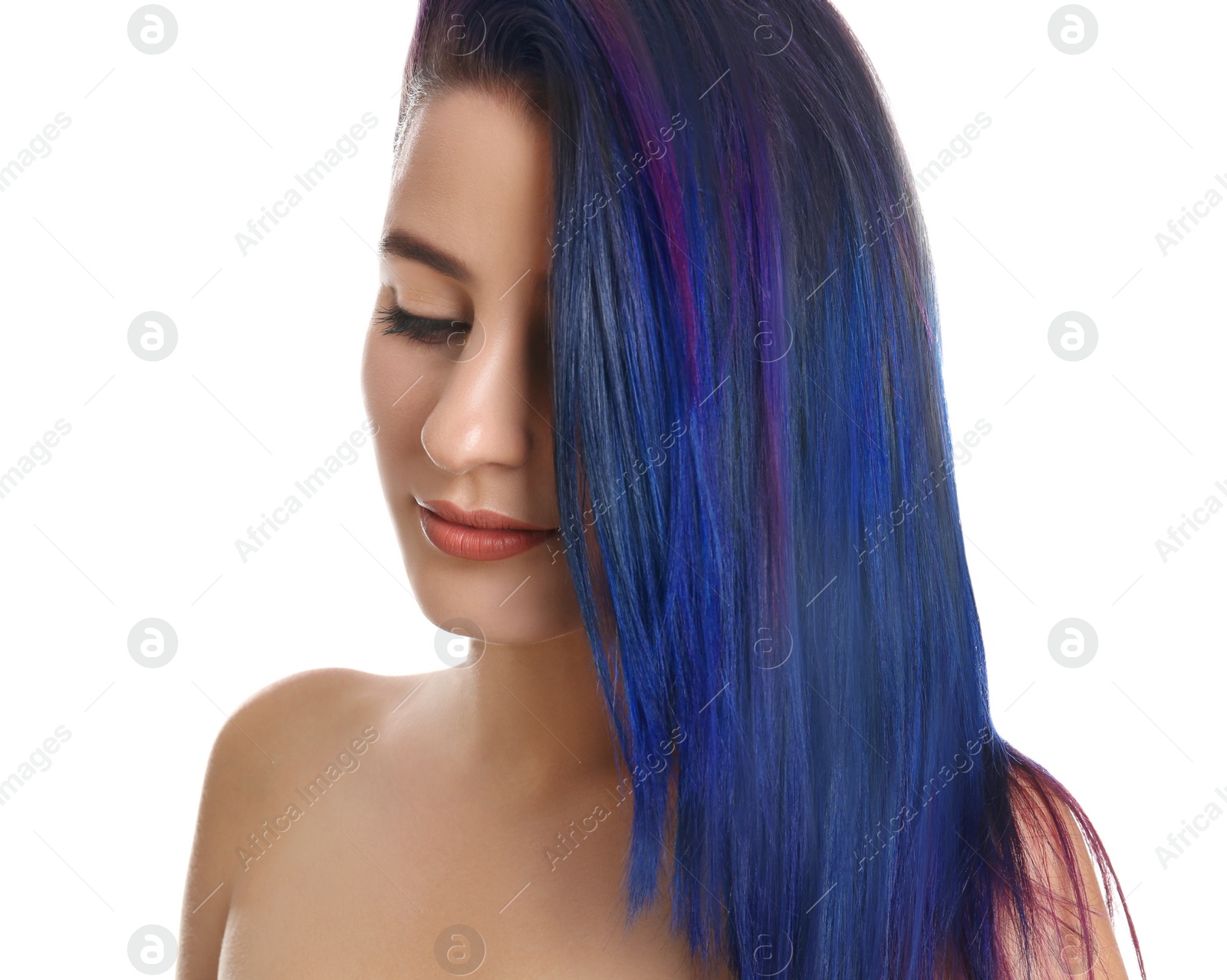 Photo of Young woman with bright dyed hair on white background