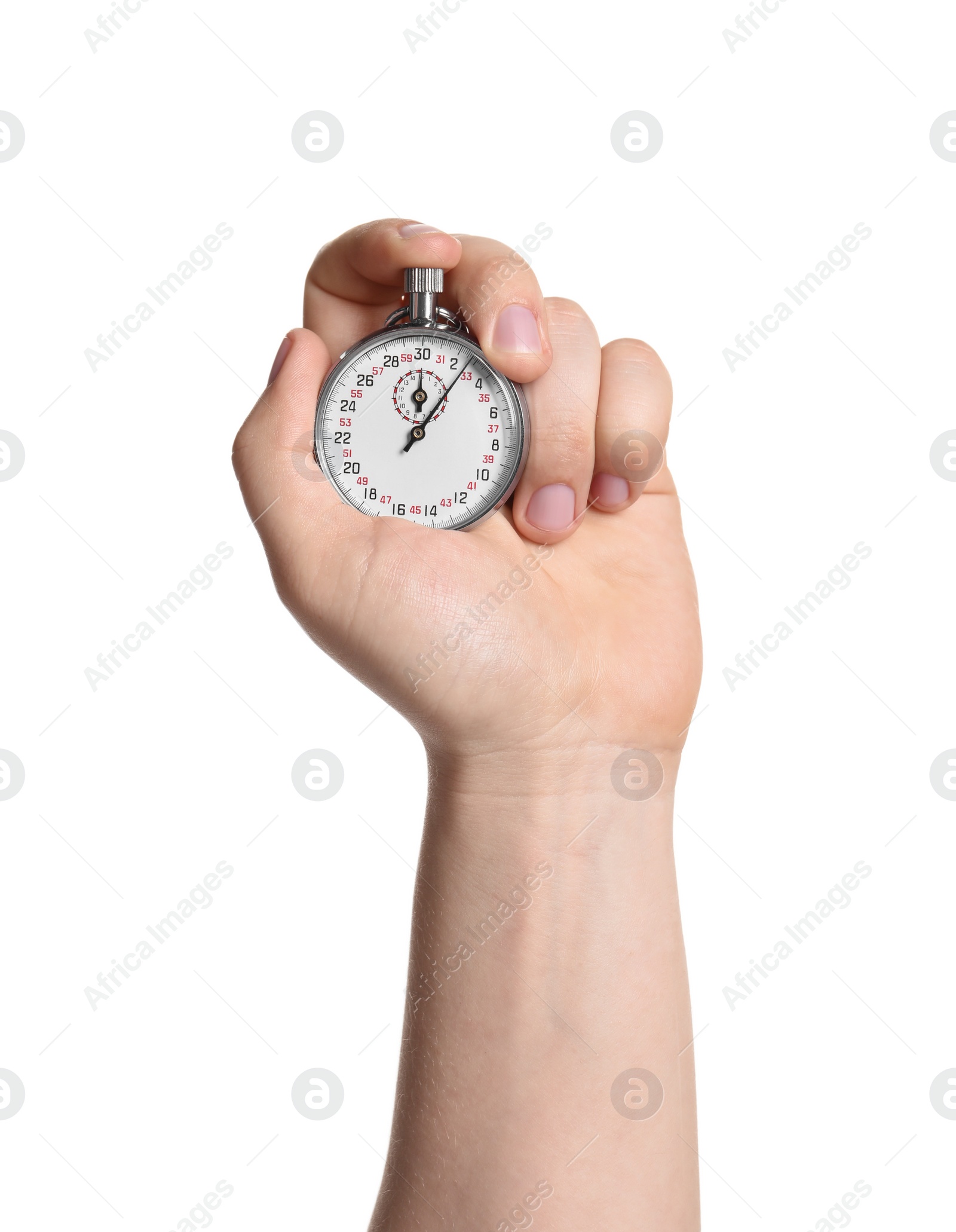 Photo of Man holding vintage timer on white background, closeup