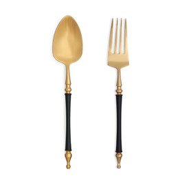 Stylish golden spoon and fork on white background, top view