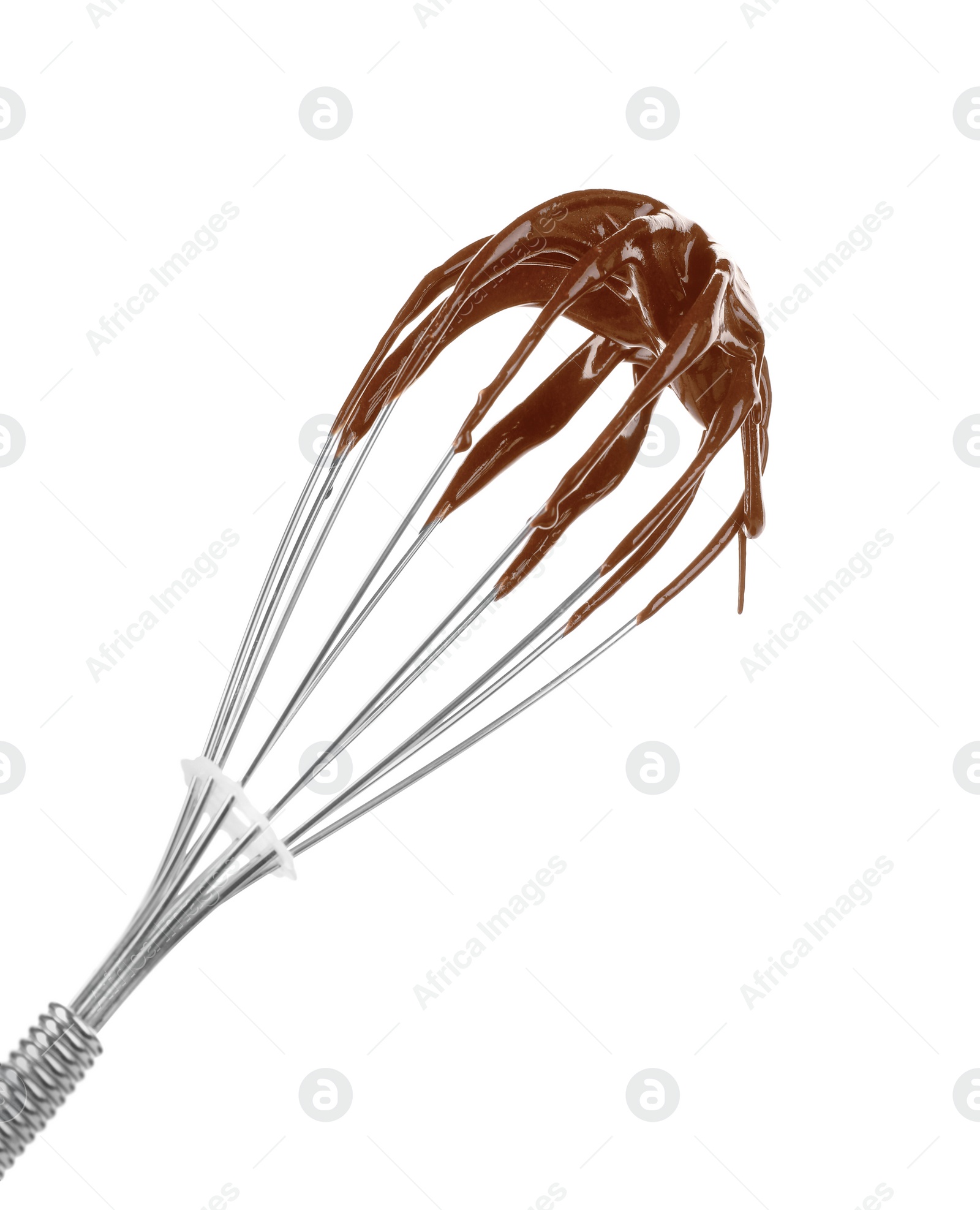 Photo of Whisk with chocolate cream on white background