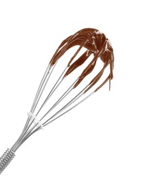 Whisk with chocolate cream on white background