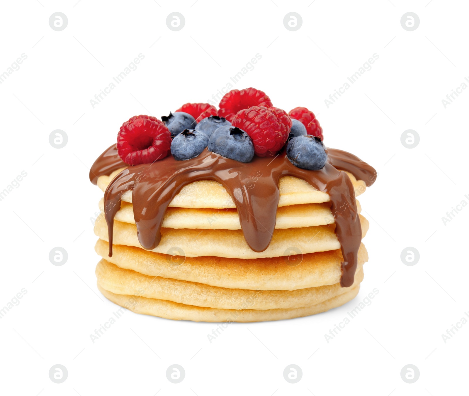 Photo of Stack of tasty pancakes with chocolate spread and berries isolated on white